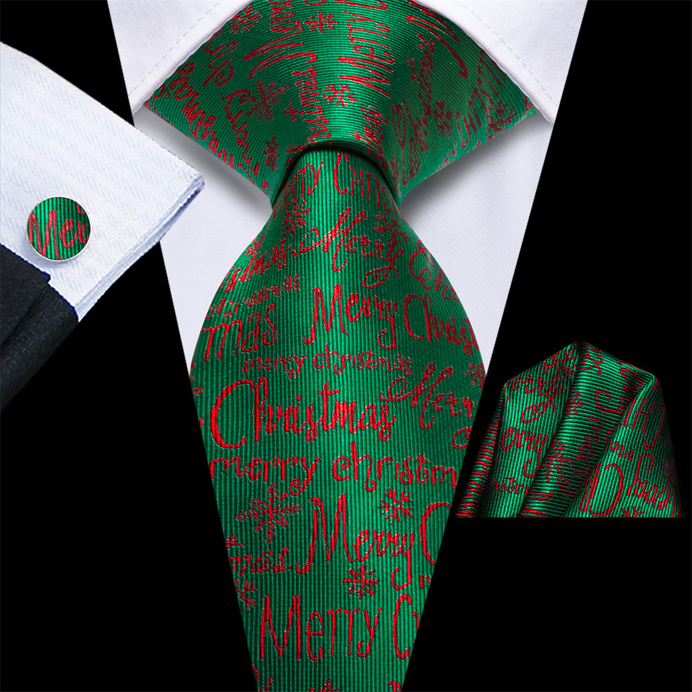 Hi-Tie Green Red Christmas Letters Designer Silk Necktie Set