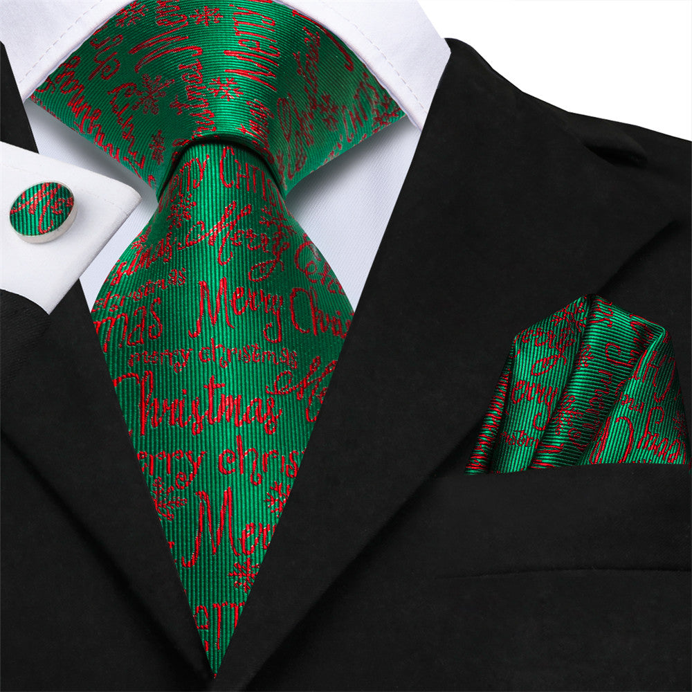 Hi-Tie Green Red Christmas Letters Designer Silk Necktie Set