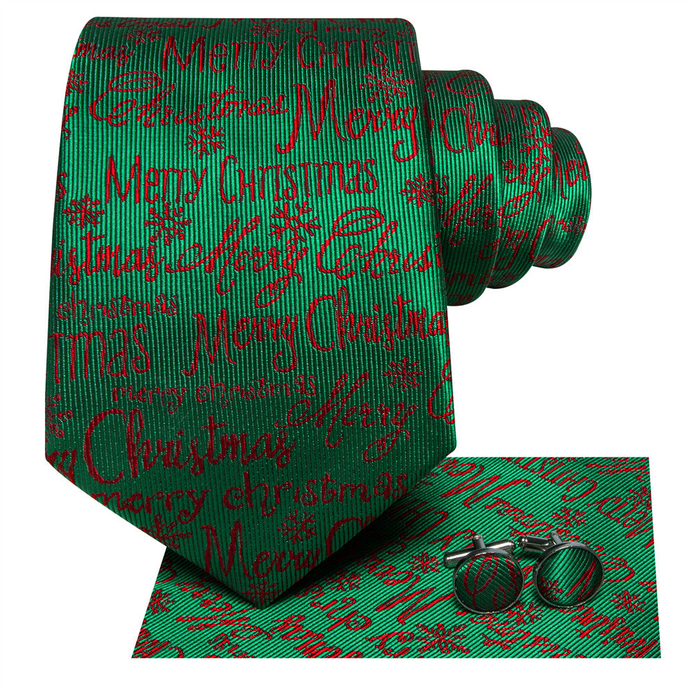 Hi-Tie Green Red Christmas Letters Designer Silk Necktie Set