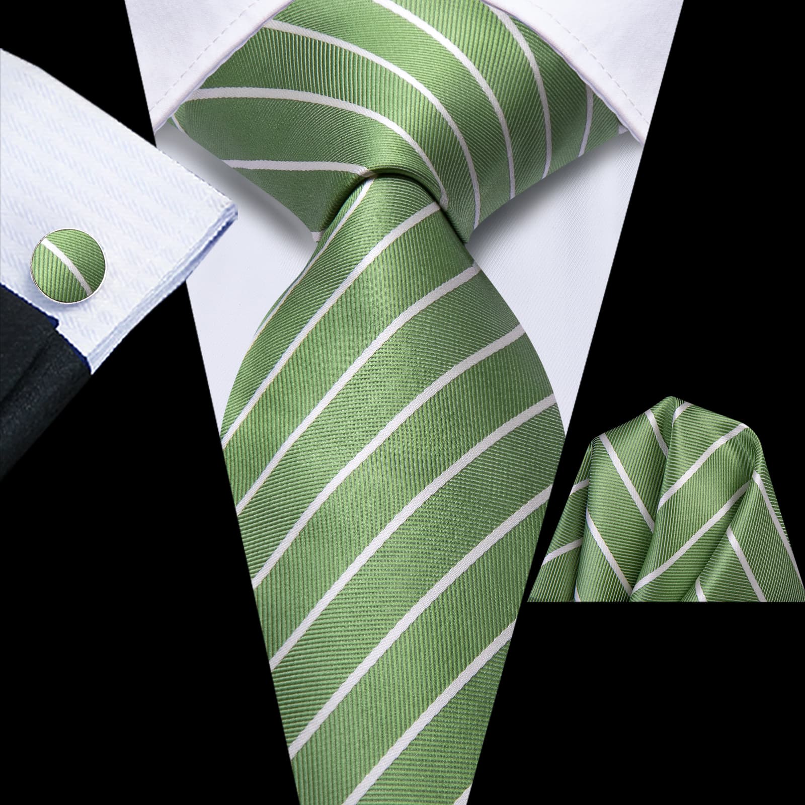 Hi-Tie Sage Green White Striped Silk Mens Tie Pocket Square Cufflinks  Set