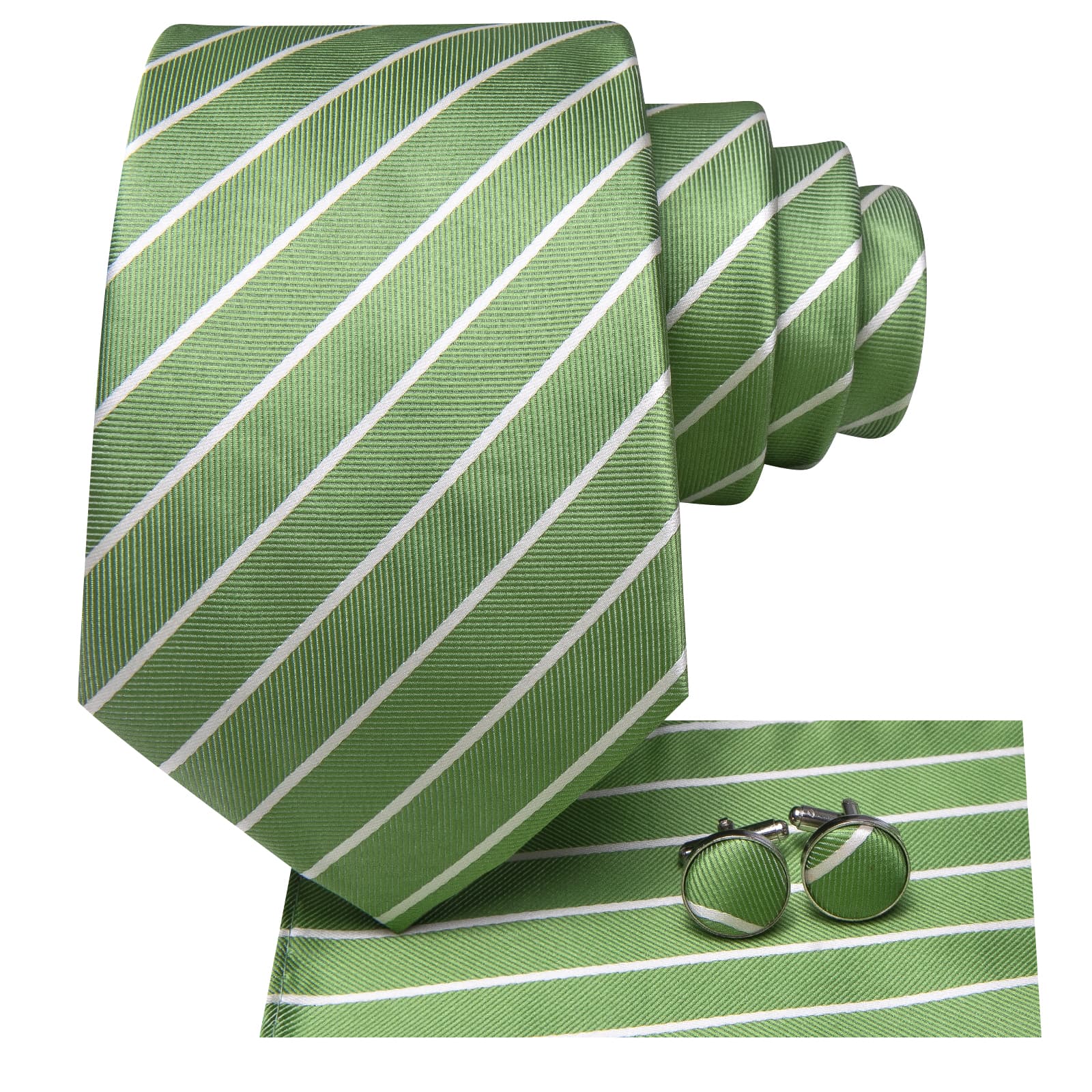 Hi-Tie Sage Green White Striped Silk Mens Tie Pocket Square Cufflinks  Set