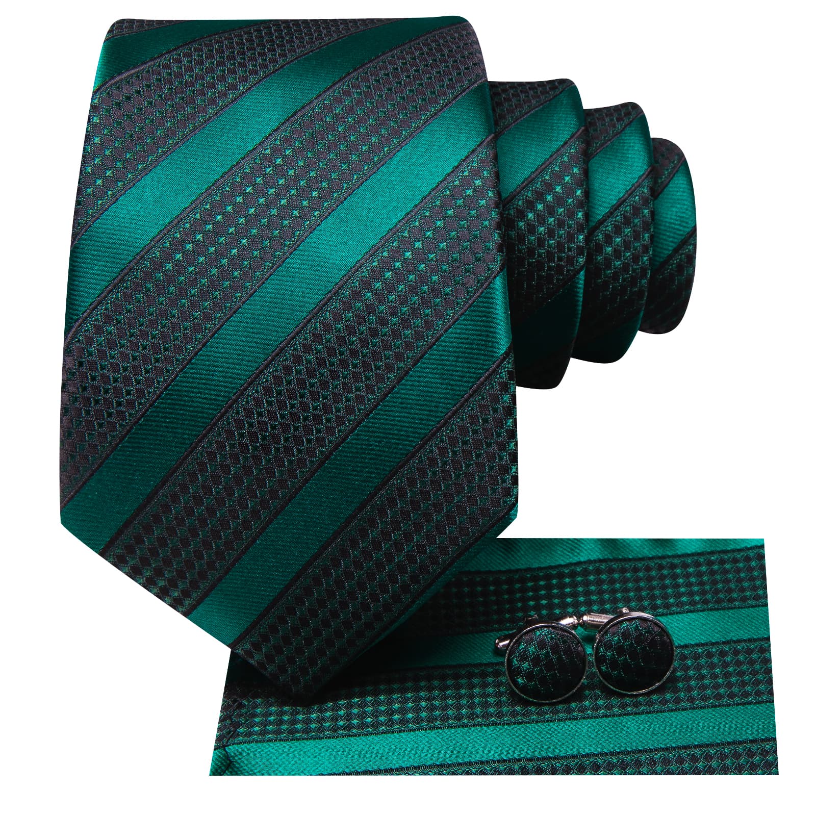 Hi-Tie Deep Green Black Striped Silk Men's Necktie Pocket Square Cufflinks Set