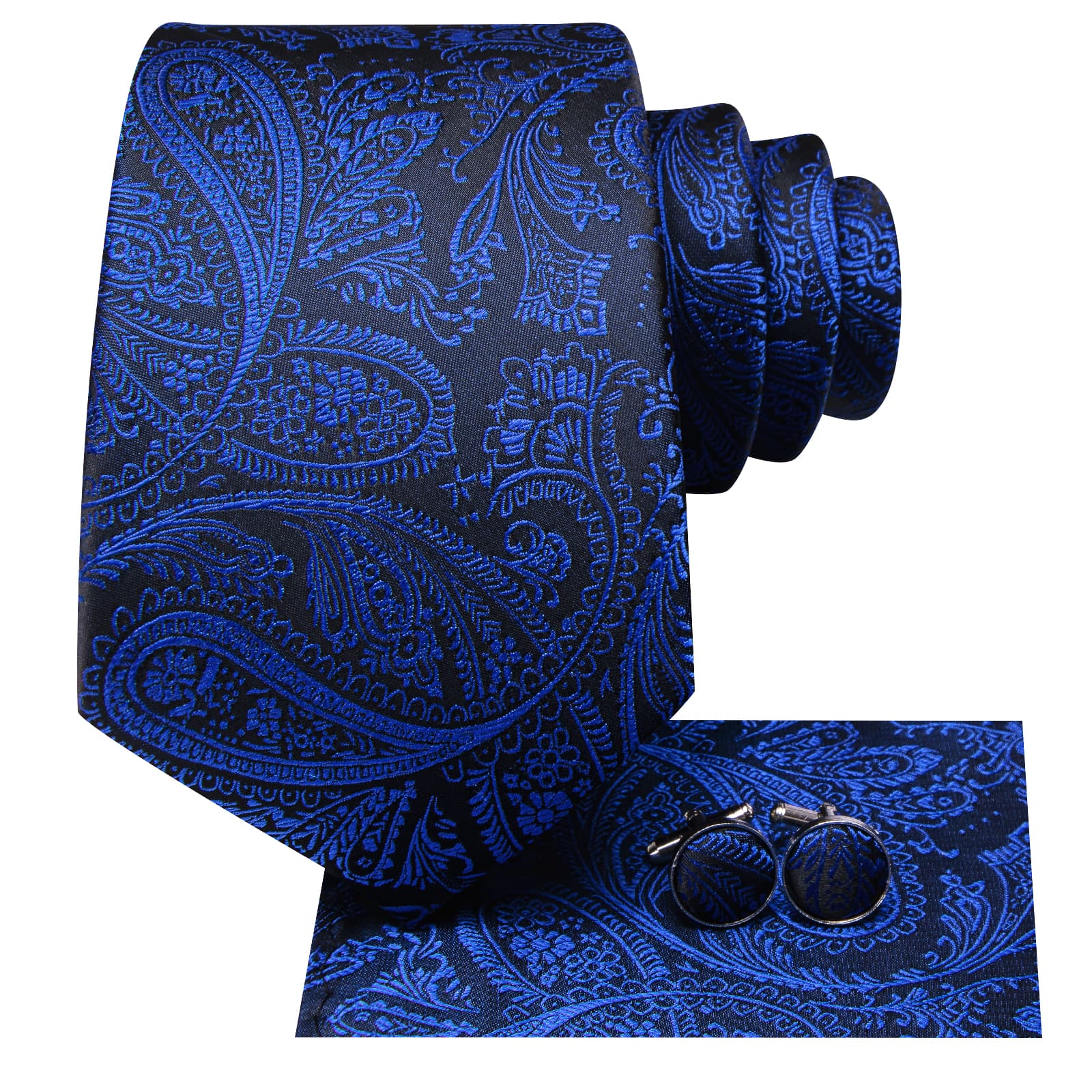 Hi-Tie Black Navy Blue Paisley Silk Men's Necktie Pocket Square Cufflinks Set