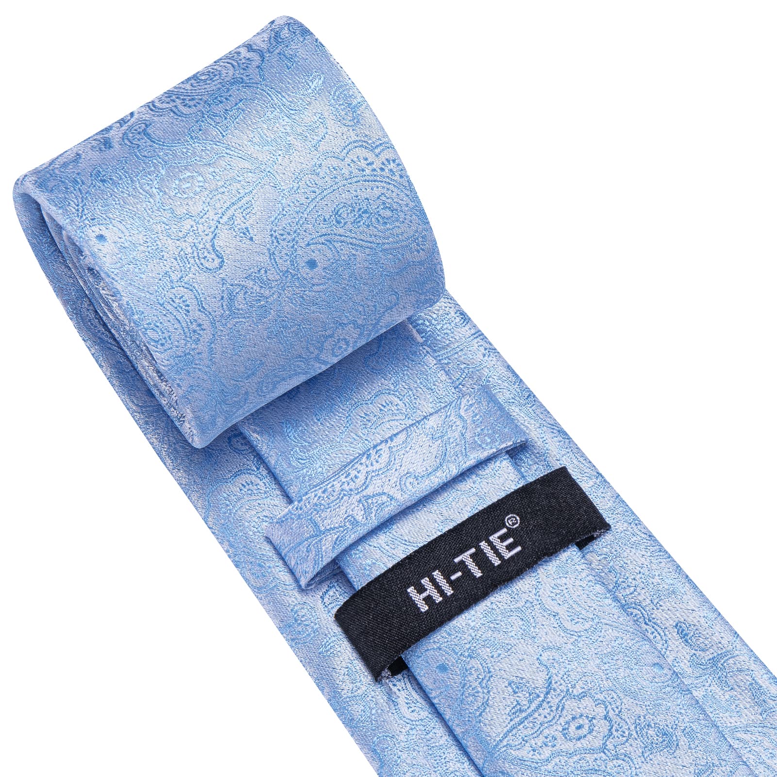 Hi-Tie Baby Blue Paisley Silk Mens Tie Handkerchief Cufflinks Set