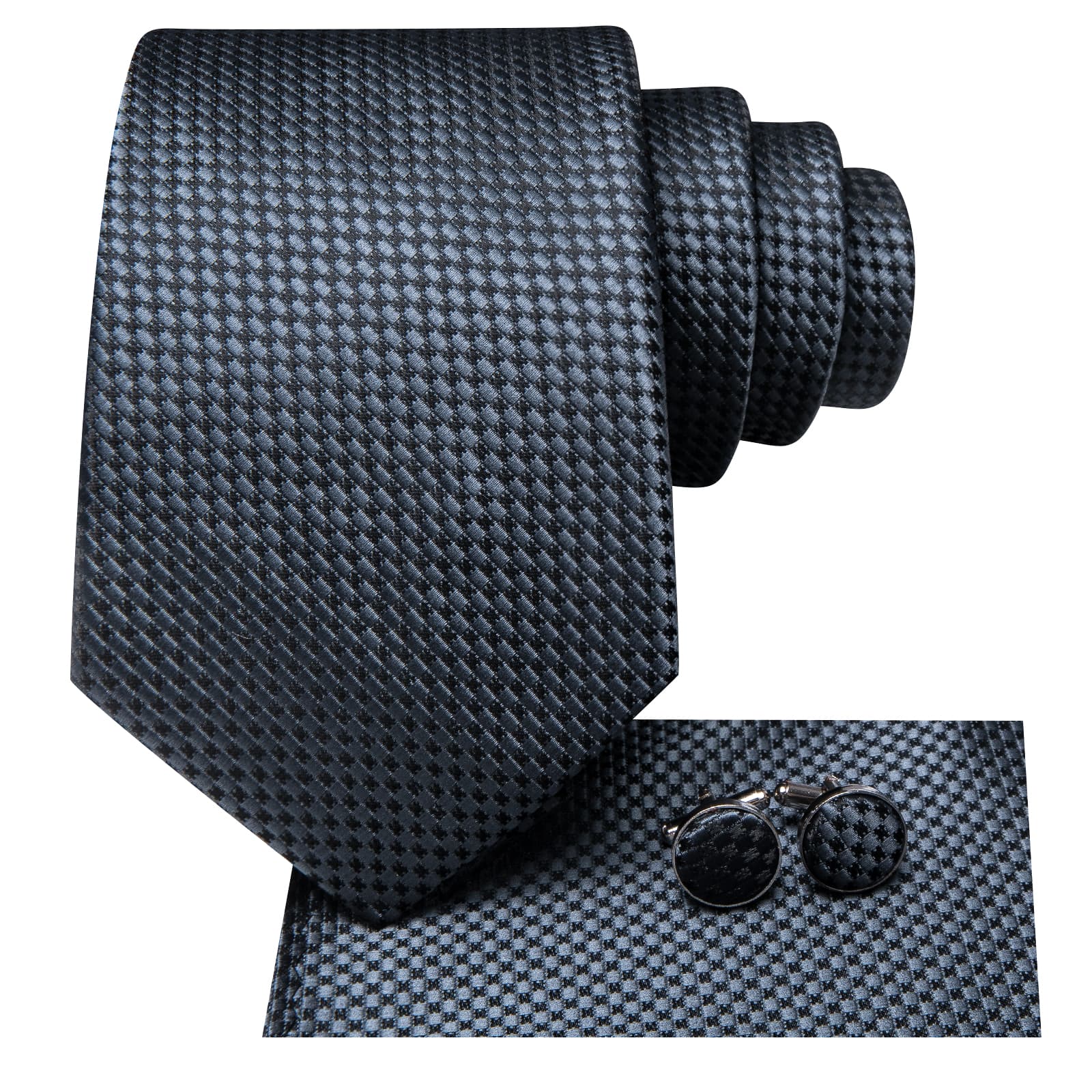 Hi-Tie Smoke Grey Plaid Silk Mens Tie Handkerchief Cufflinks Set