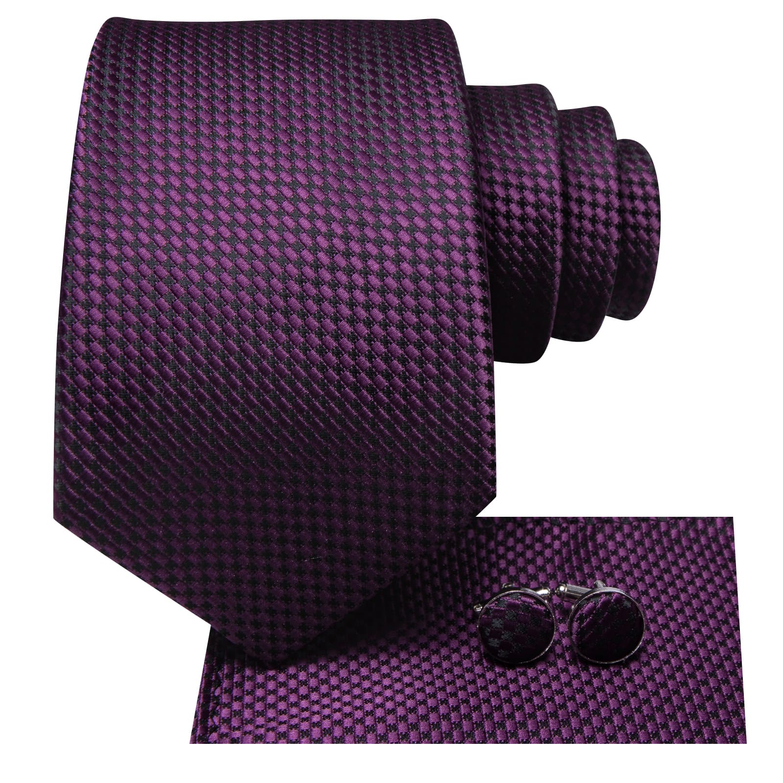 Hi-Tie Deep Purple Plaid Silk Men's Necktie Pocket Square Cufflinks Set