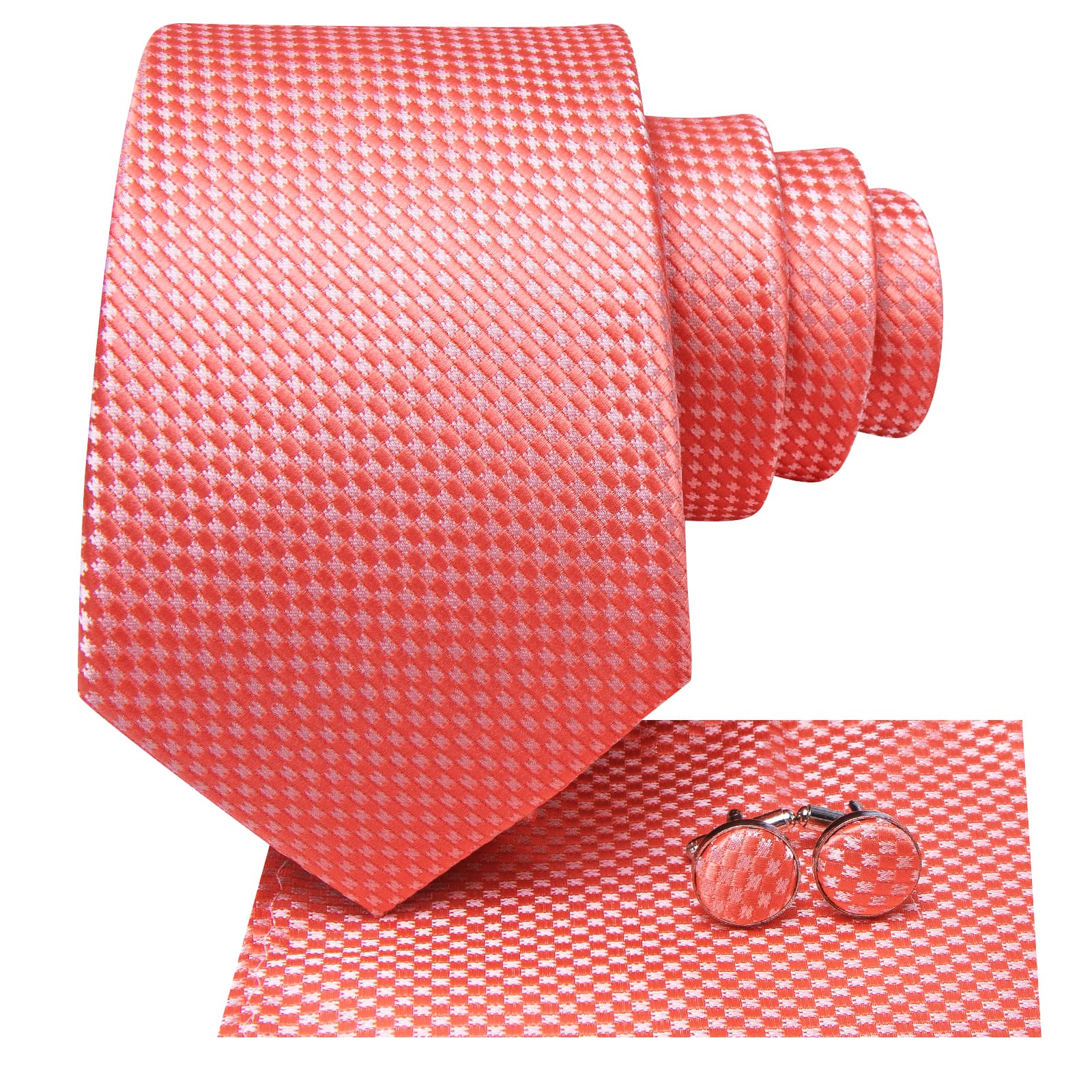 Hi-Tie Light Coral Plaid Silk Men's Necktie Pocket Square Cufflinks Set