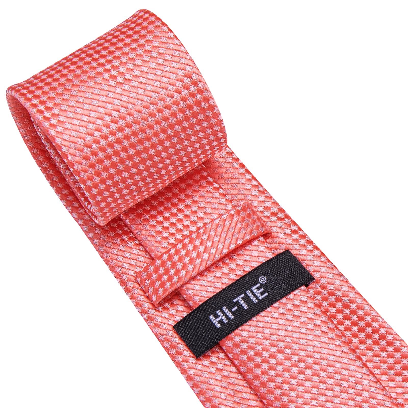 Hi-Tie Light Coral Plaid Silk Men's Necktie Pocket Square Cufflinks Set