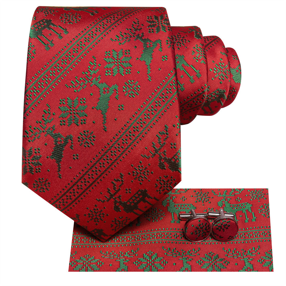 Hi-Tie Red Green Striped Deer Snow Christmas Designer Silk Necktie Set