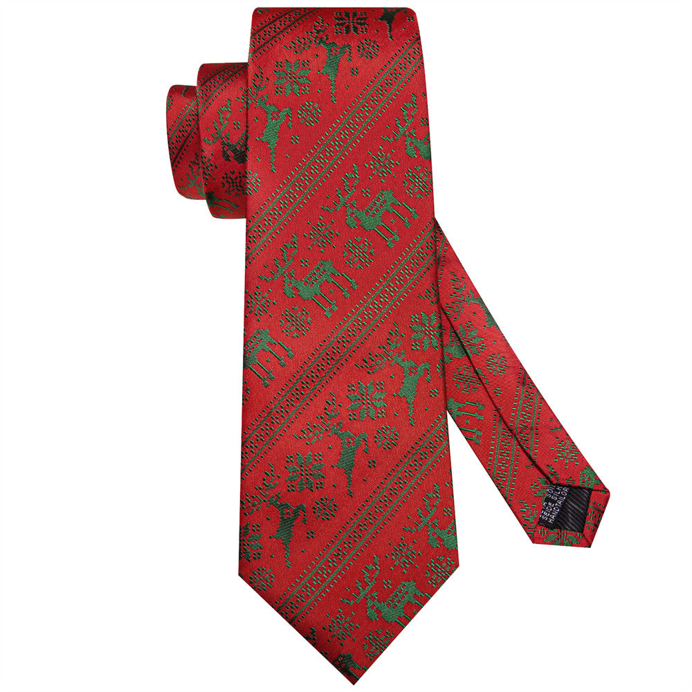 Hi-Tie Red Green Striped Deer Snow Christmas Designer Silk Necktie Set