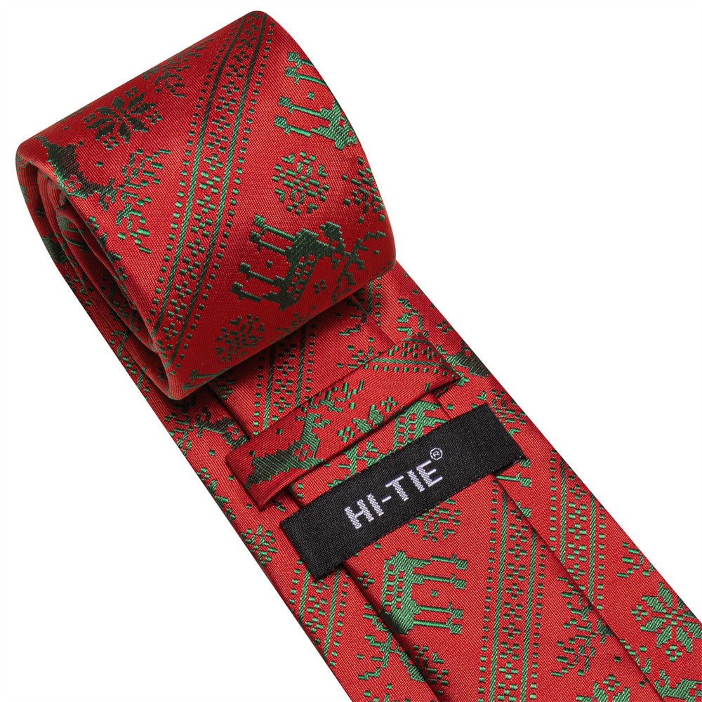 Hi-Tie Red Green Striped Deer Snow Christmas Designer Silk Necktie Set