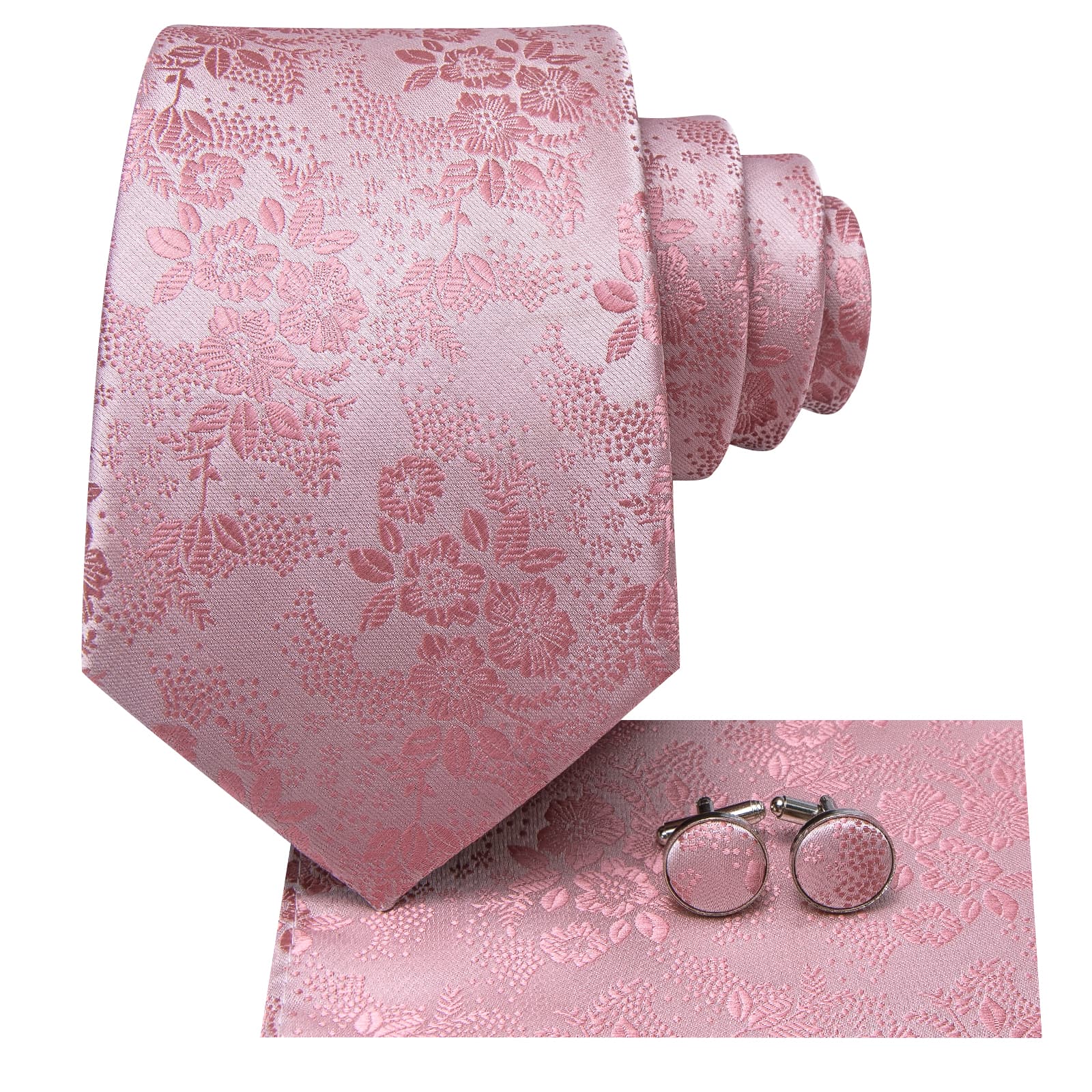 Hi-Tie Rose Pink Floral Silk Men's Necktie Pocket Square Cufflinks Set