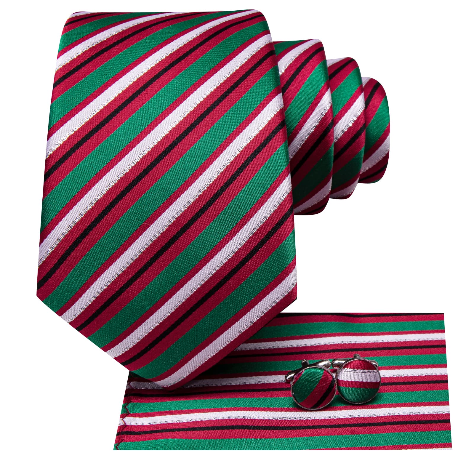 Hi-Tie Green Red White Striped Silk Men's Necktie Pocket Square Cufflinks Set