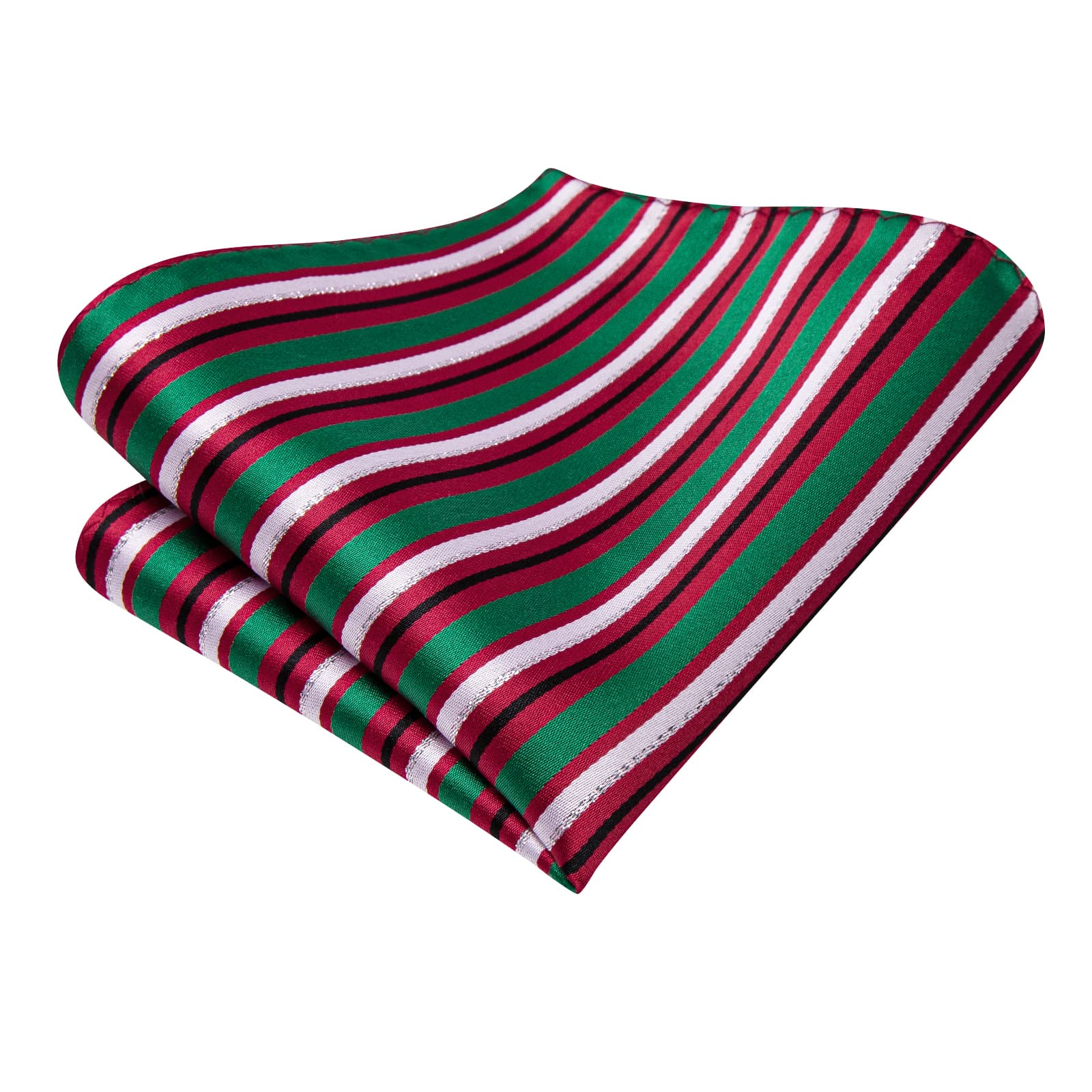 Hi-Tie Green Red White Striped Silk Men's Necktie Pocket Square Cufflinks Set