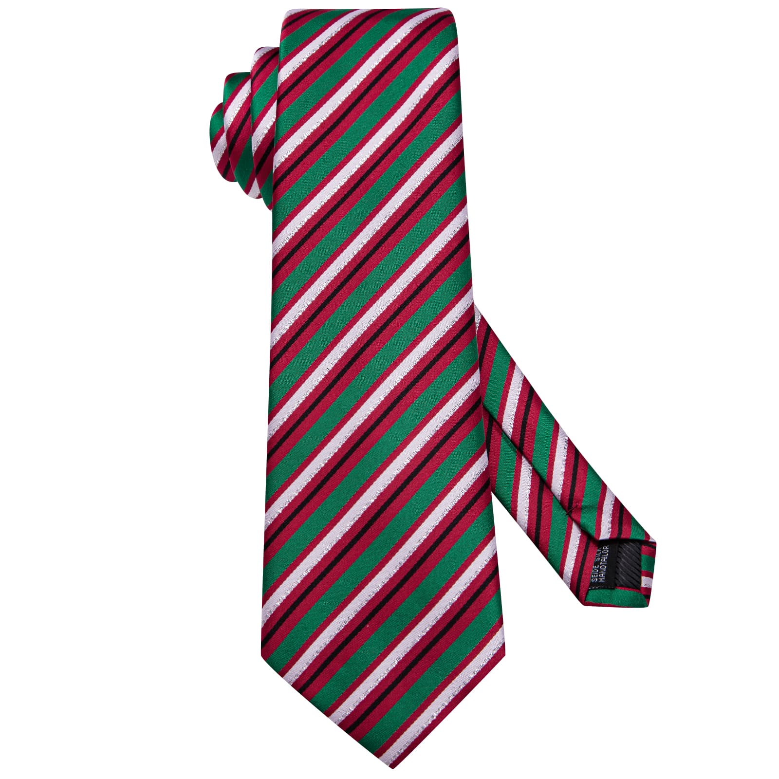 Hi-Tie Green Red White Striped Silk Men's Necktie Pocket Square Cufflinks Set