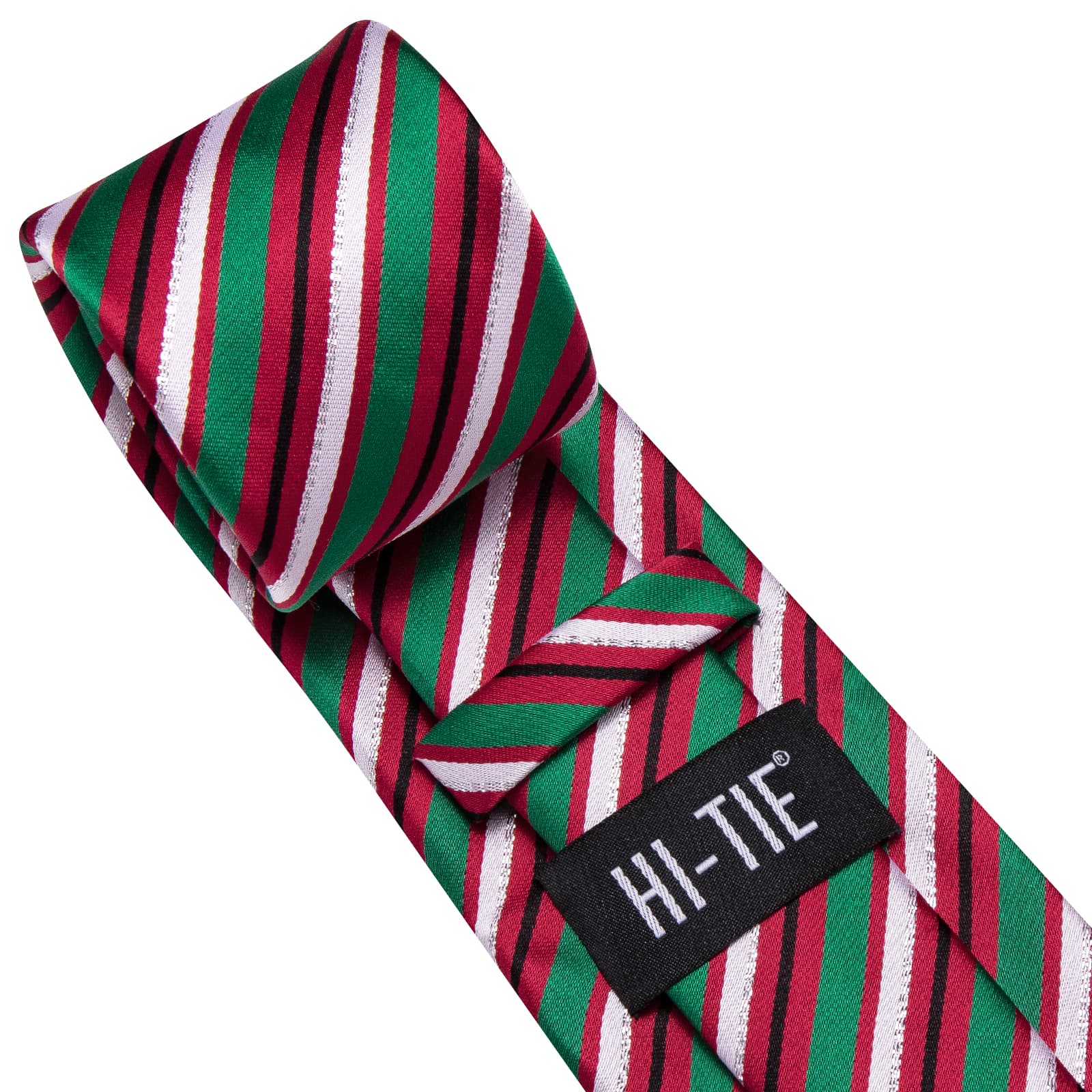 Hi-Tie Green Red White Striped Silk Men's Necktie Pocket Square Cufflinks Set