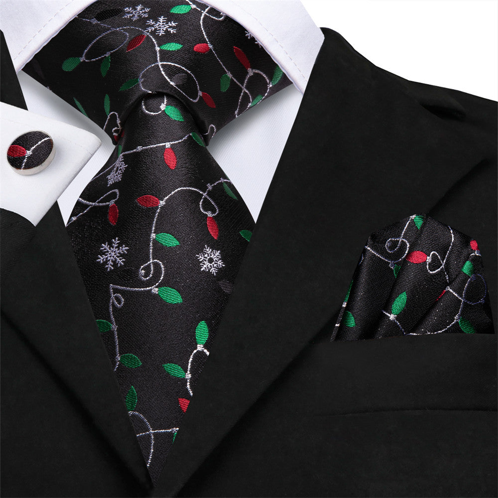 Hi-Tie White Snow Colored Lights Black Christmas Necktie Set