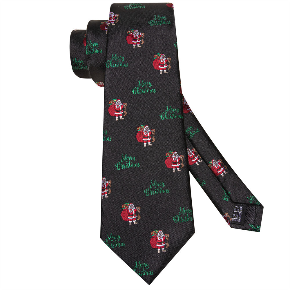 Hi-Tie Black Red Santa Christmas Designer Silk Necktie Set