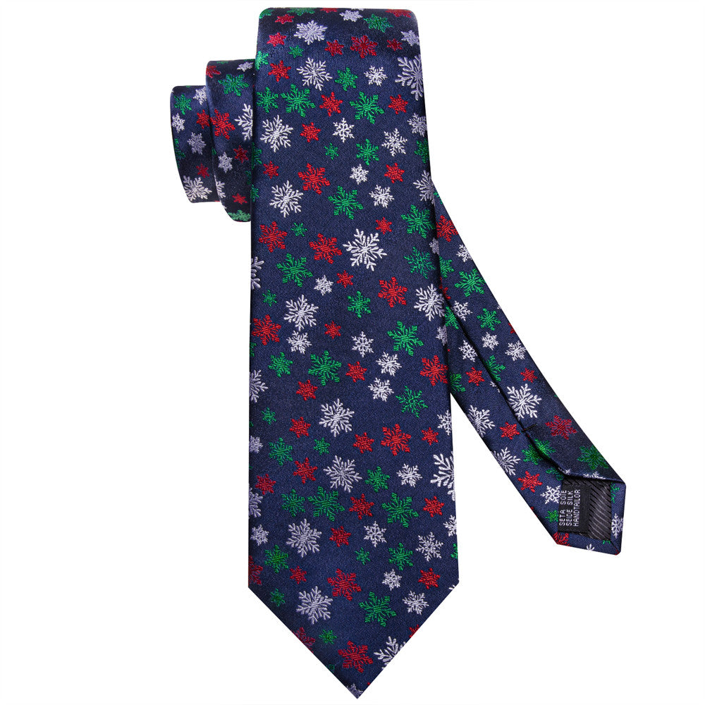 Hi-Tie Dark Blue White Snow Christmas Designer Silk Necktie Set