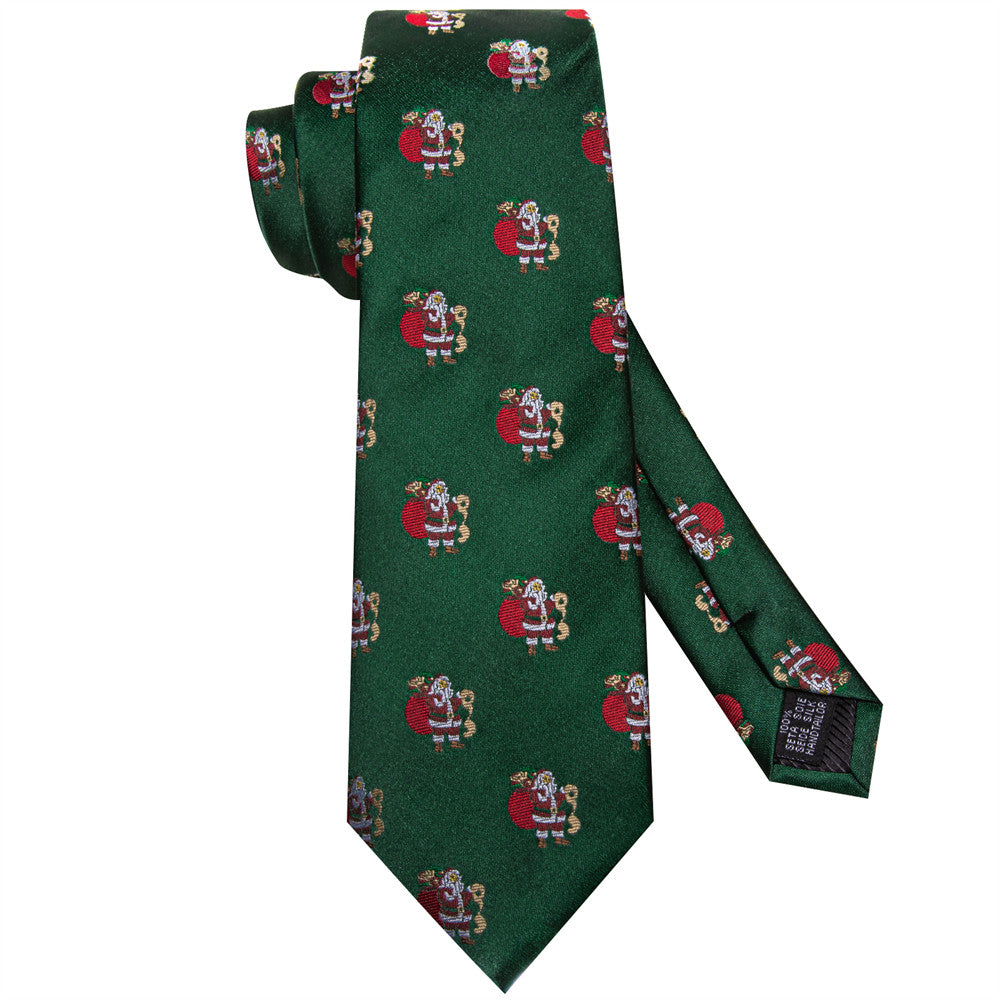 Hi-Tie Green Red Santa Claus Christmas Silk Necktie Pocket Square Cufflinks Set