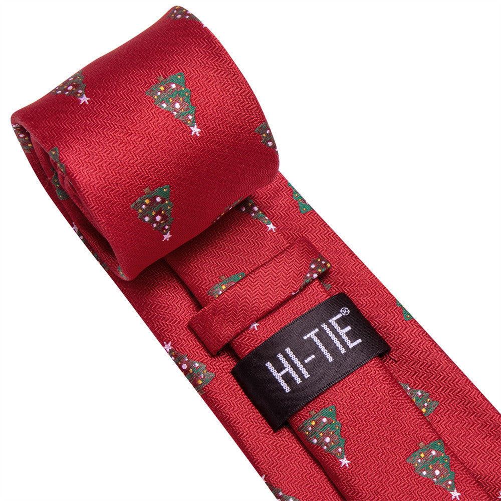 Hi-Tie Red Green Christmas Tree Silk Necktie Pocket Square Cufflinks Set