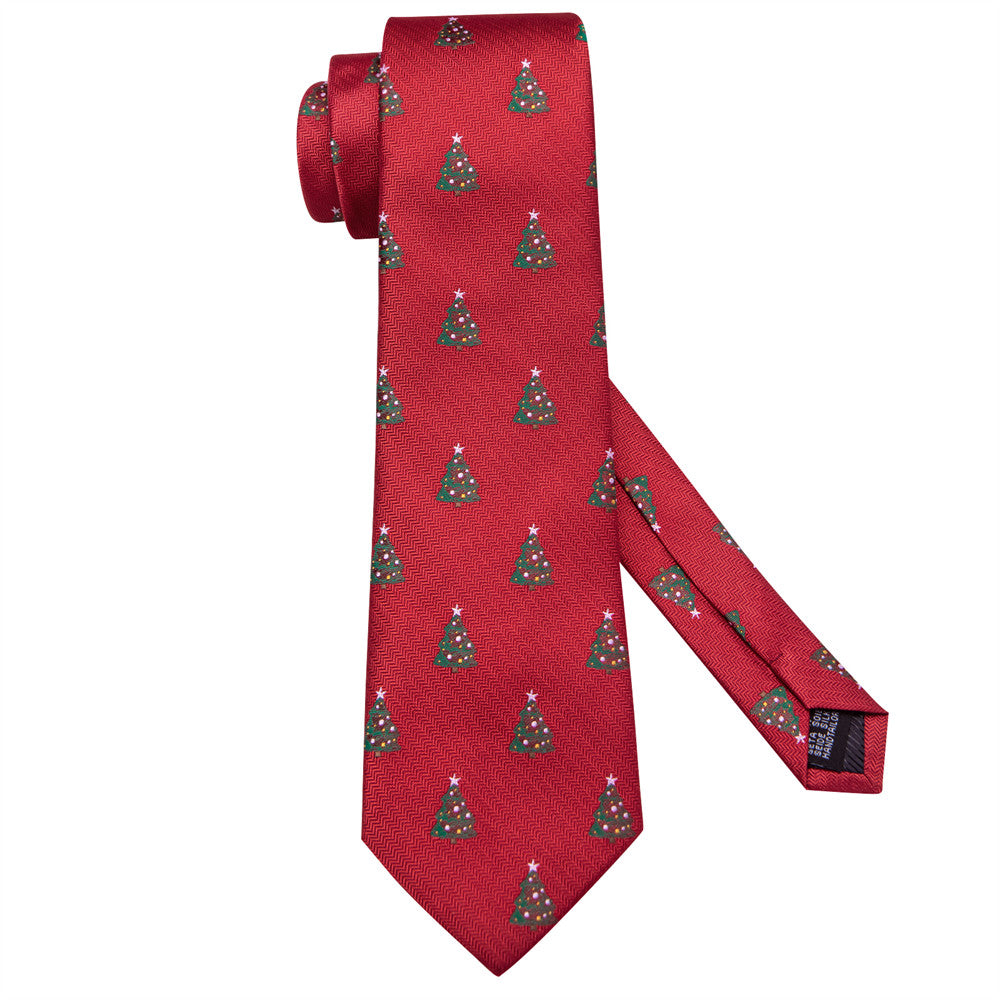 Hi-Tie Red Green Christmas Tree Silk Necktie Pocket Square Cufflinks Set