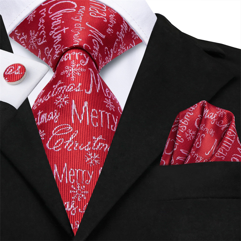 Hi-Tie Red White Christmas Letter Silk Necktie Pocket Square Cufflinks Set