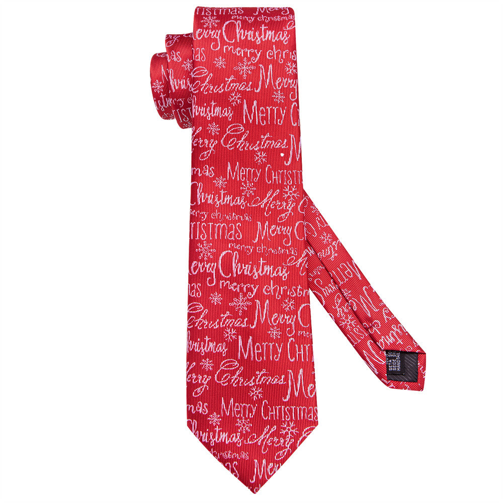 Hi-Tie Red White Christmas Letter Silk Necktie Pocket Square Cufflinks Set