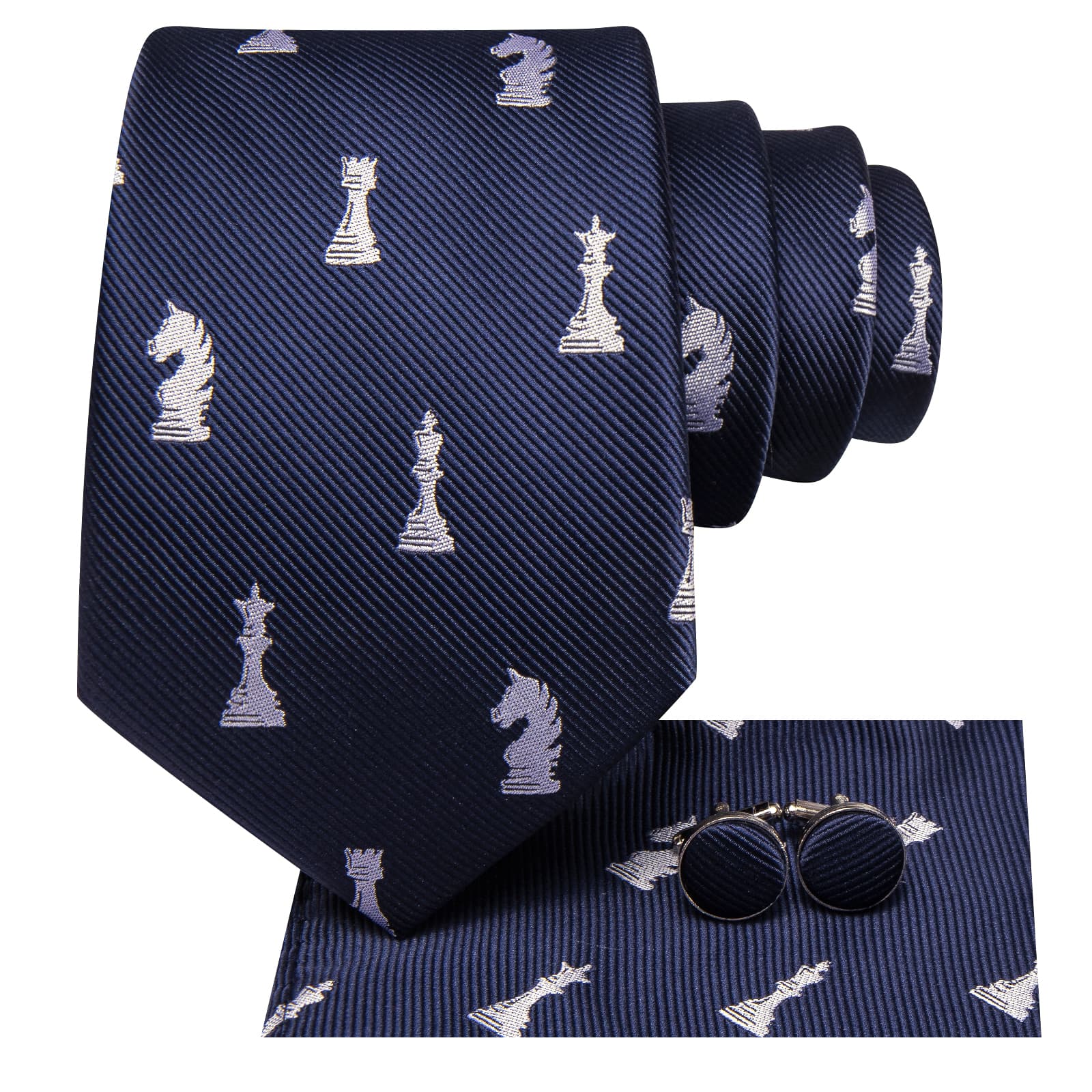 Hi-Tie Navy Blue Chess Game Pieces Novelty Silk Men's Necktie Set