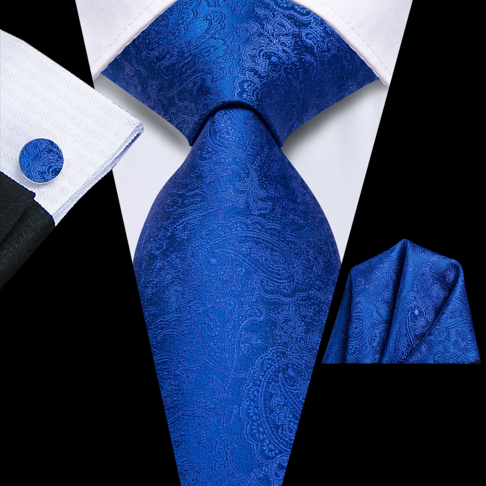 Hi-Tie Royal Blue Paisley Silk Mens Dress Tie Hanky Cufflinks Set