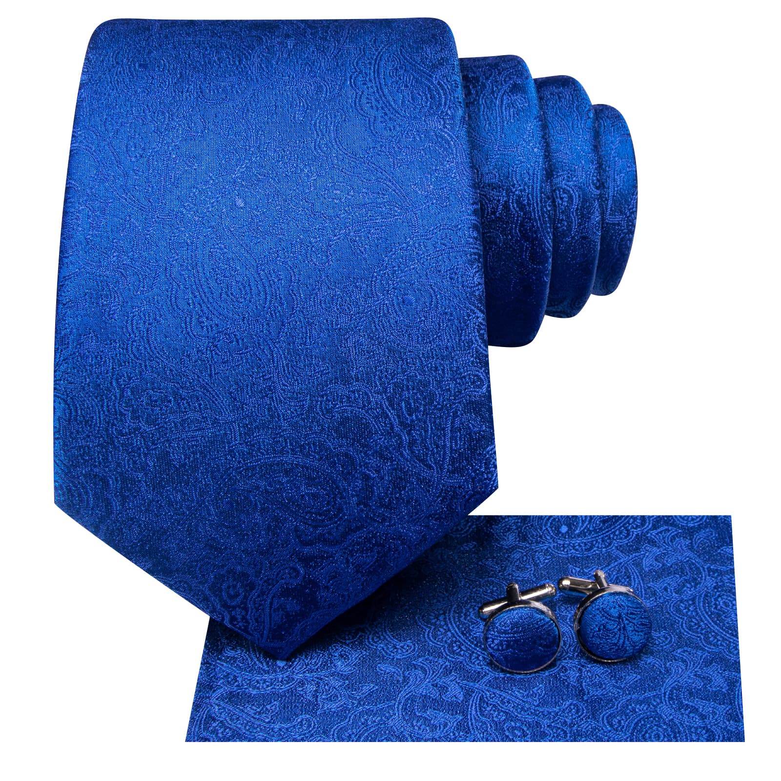 Hi-Tie Royal Blue Paisley Silk Mens Dress Tie Hanky Cufflinks Set