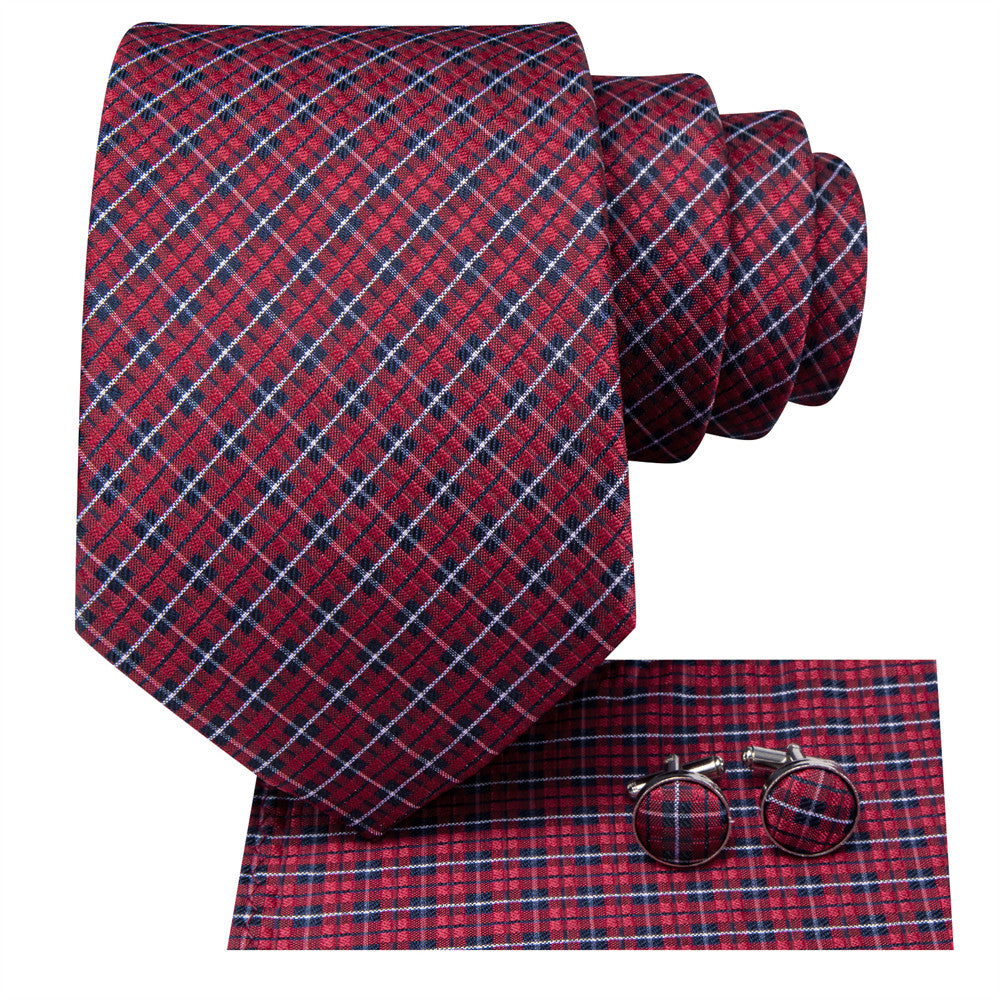 Hi-Tie Dark Red Plaid Silk Mens Dress Tie Hanky Cufflinks Set