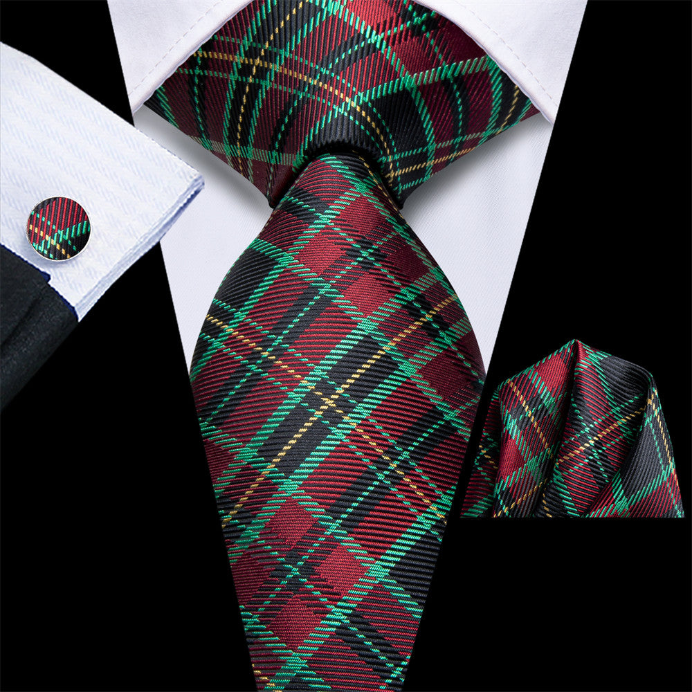 Hi-Tie Green Red Plaid Silk Mens Dress Tie Hanky Cufflinks Set