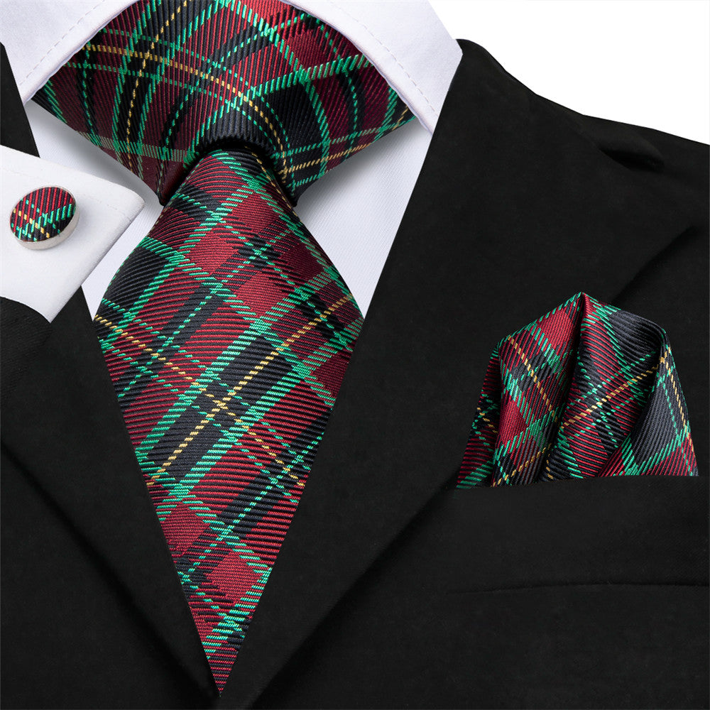 Hi-Tie Green Red Plaid Silk Mens Dress Tie Hanky Cufflinks Set