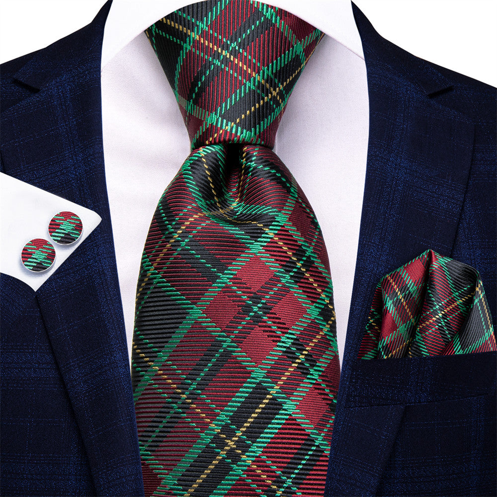 Hi-Tie Green Red Plaid Silk Mens Dress Tie Hanky Cufflinks Set