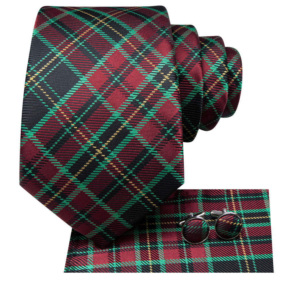 Hi-Tie Green Red Plaid Silk Mens Dress Tie Hanky Cufflinks Set