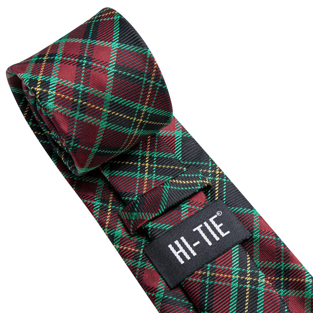 Hi-Tie Green Red Plaid Silk Mens Dress Tie Hanky Cufflinks Set