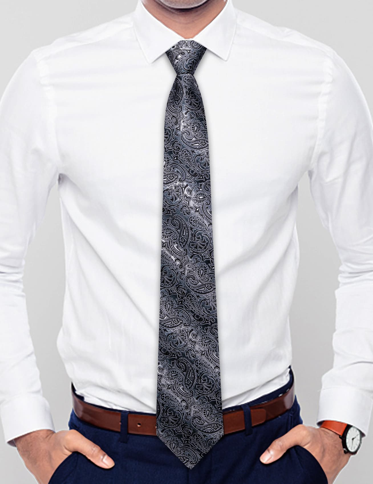  Zipper Necktie Dark Gray Black Pattern Jacquard Men's Tie Set