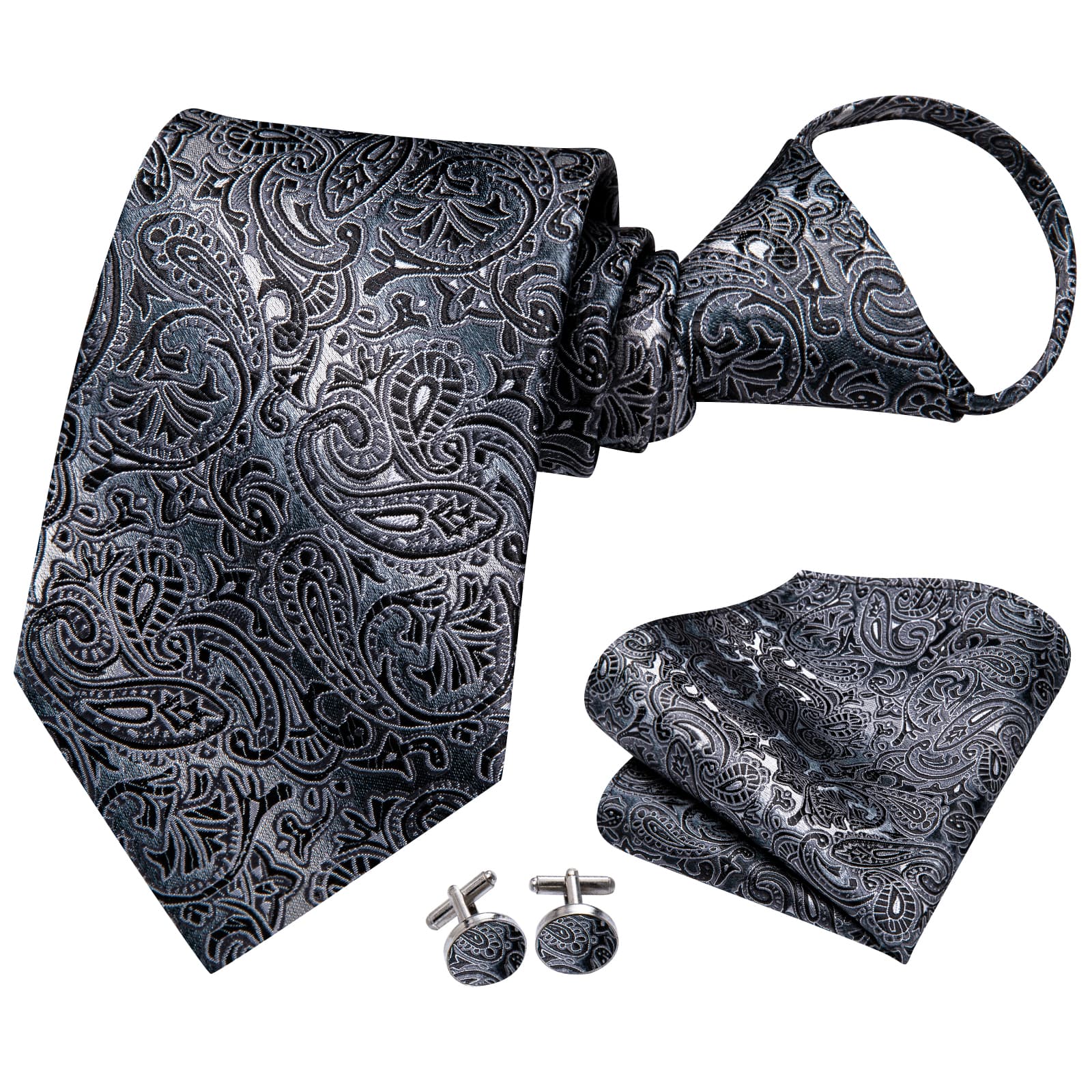  Zipper Necktie Dark Gray Black Pattern Jacquard Men's Tie Set