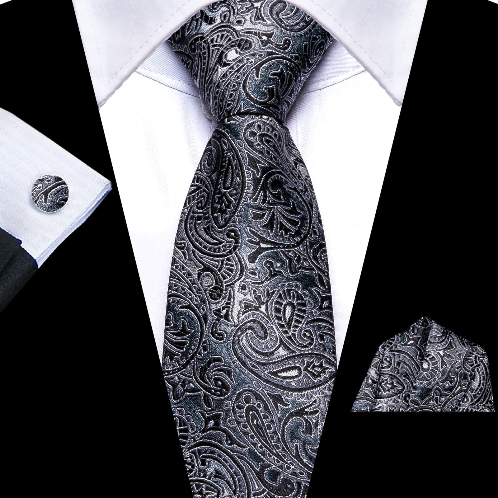  Zipper Necktie Dark Gray Black Pattern Jacquard Men's Tie Set