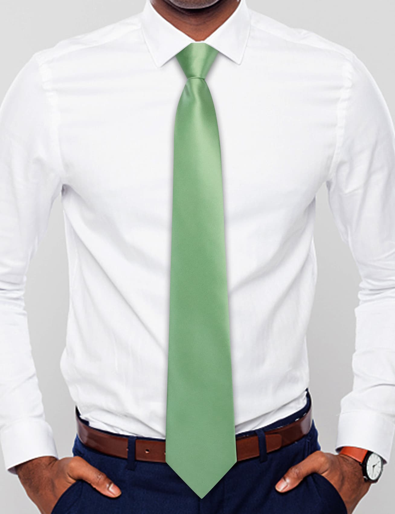 Light Green Ties Men's Zipper Satin Solid Pre-Tied Necktie Set