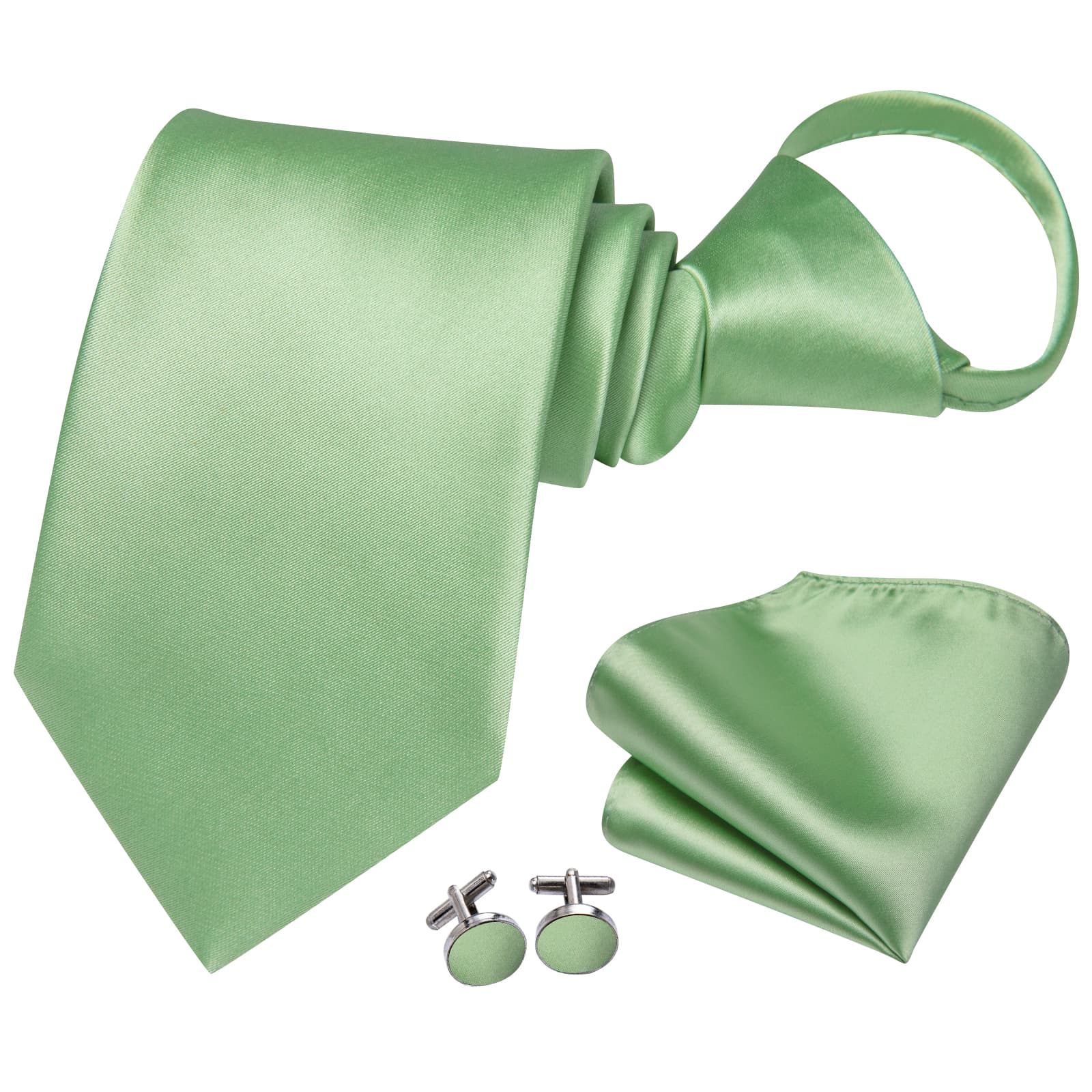 Light Green Ties Men's Zipper Satin Solid Pre-Tied Necktie Set