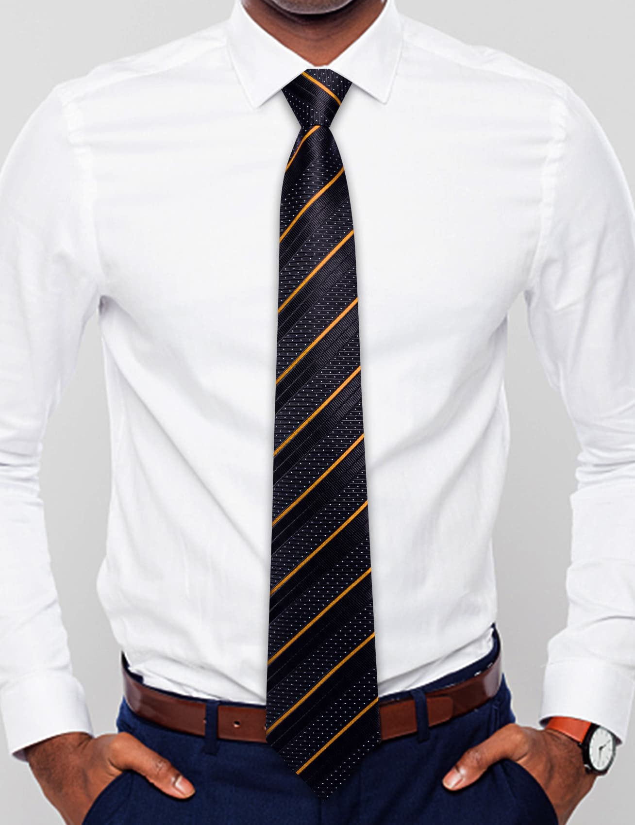  Black Tie White Dots Gold Stripes Mens Novelty Pre-Tied Tie Set