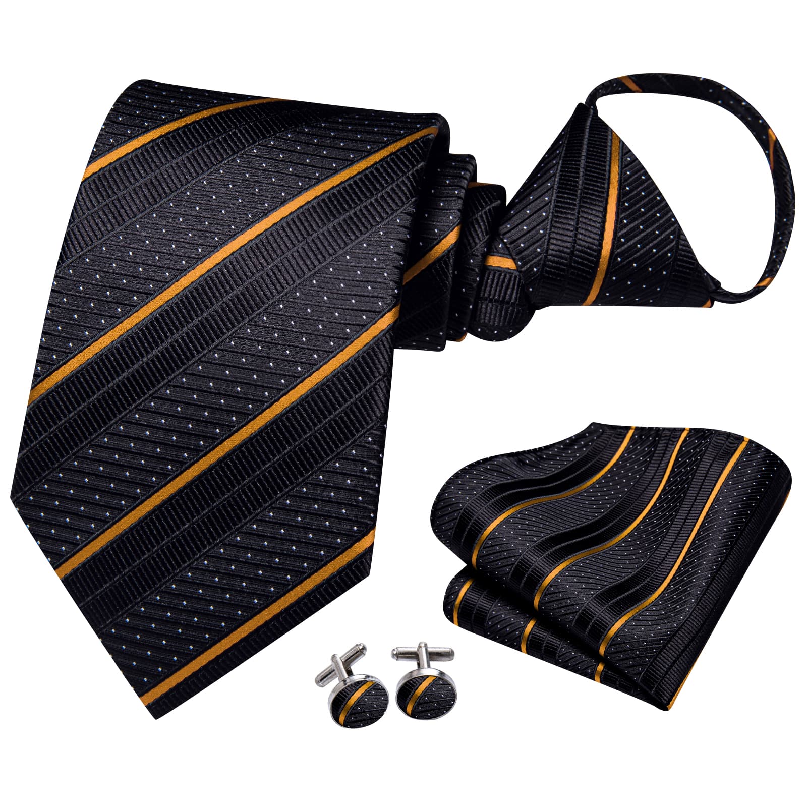  Black Tie White Dots Gold Stripes Mens Novelty Pre-Tied Tie Set