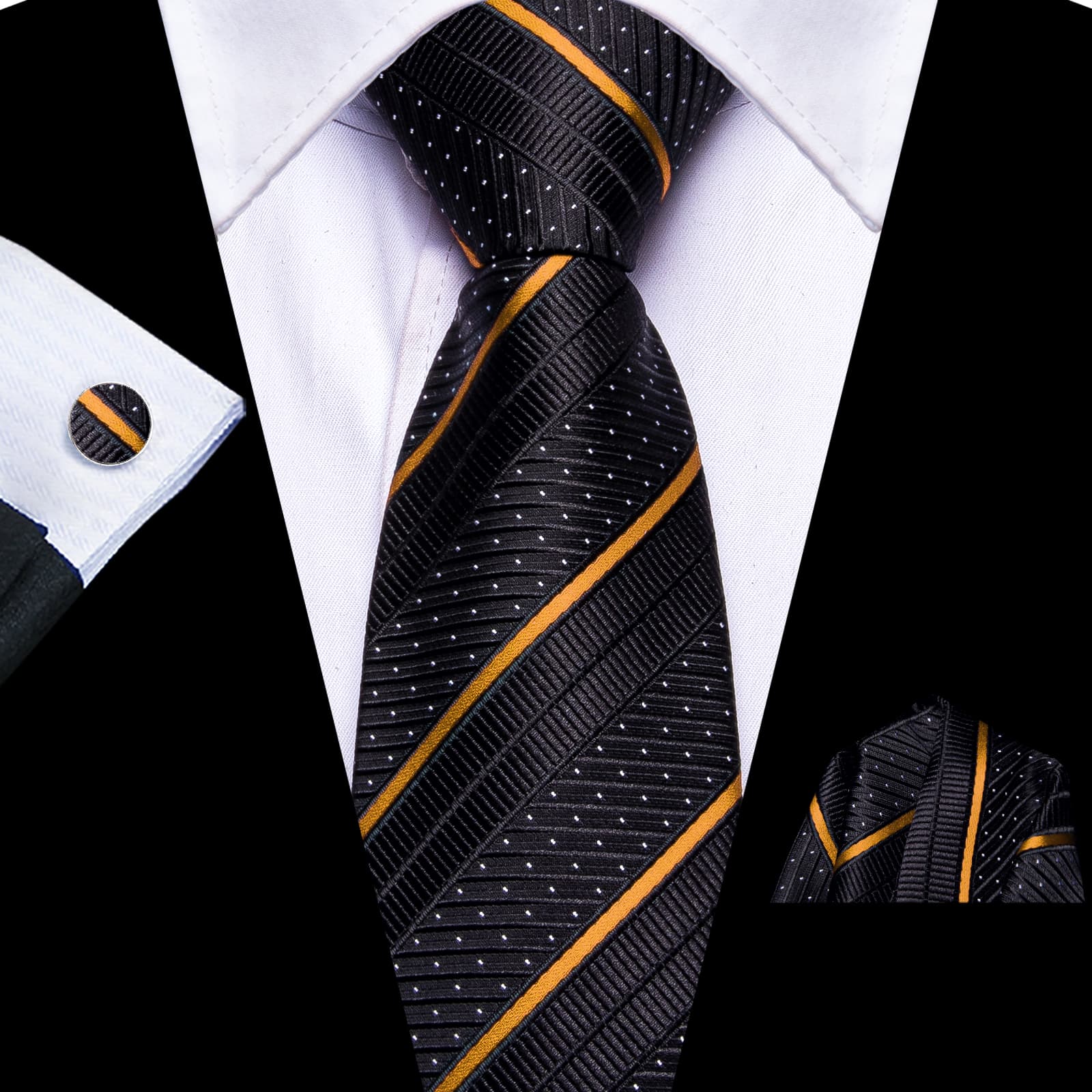  Black Tie White Dots Gold Stripes Mens Novelty Pre-Tied Tie Set