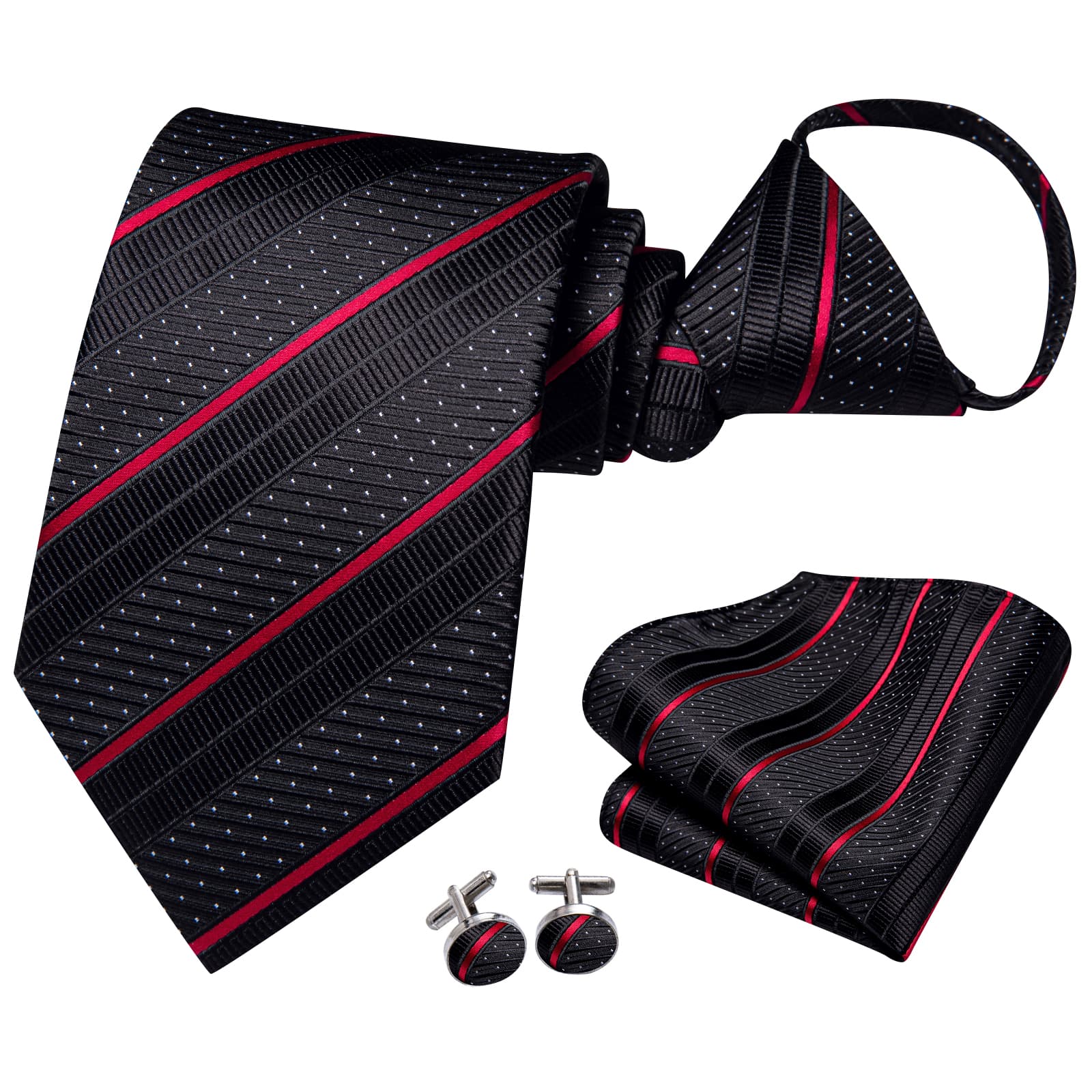  Black Tie White Dots Red Stripes Men's Novelty Pre-Tied Tie Set