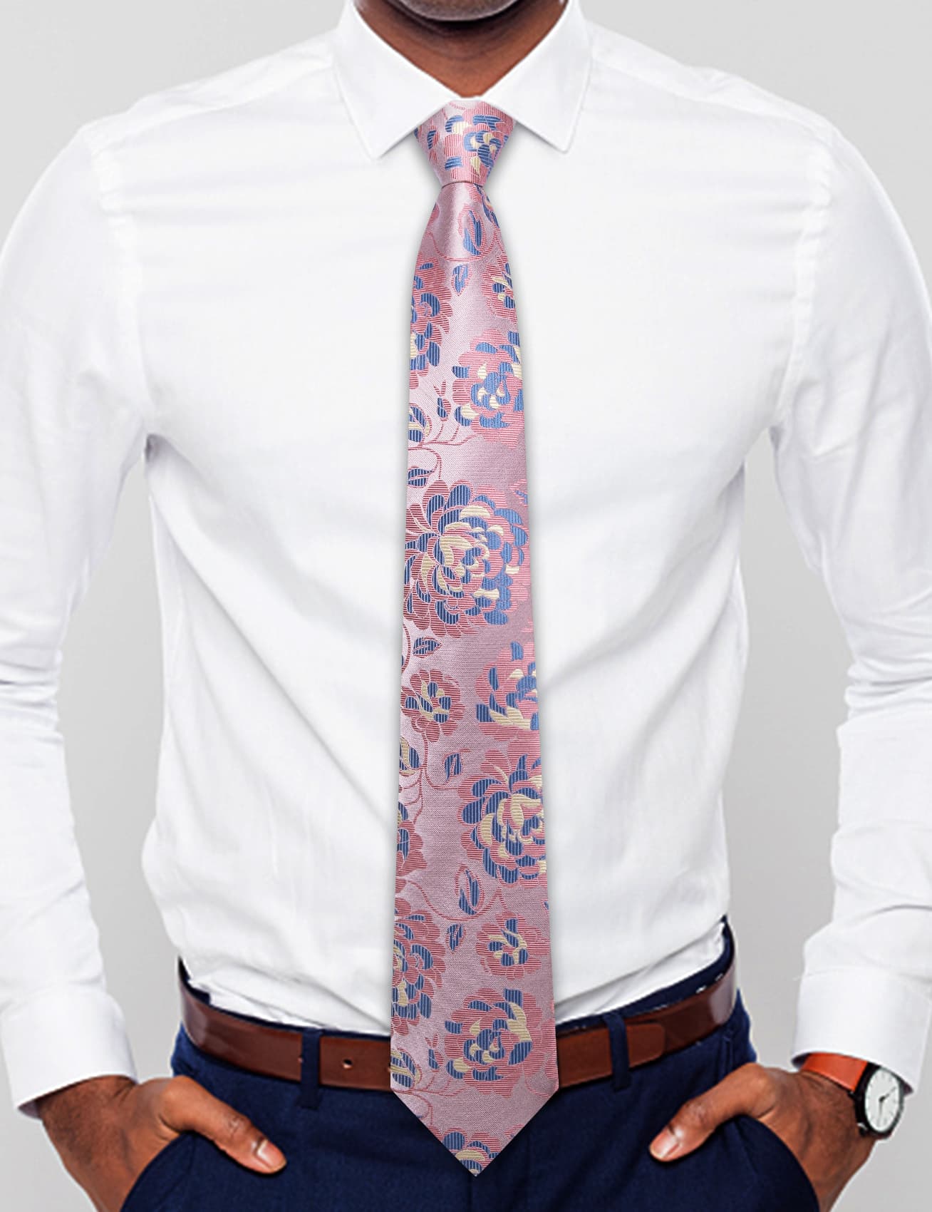 pink neck tie white shirt