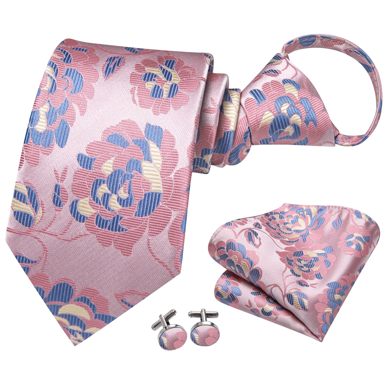 blue and pink tie pocket square cufflinks