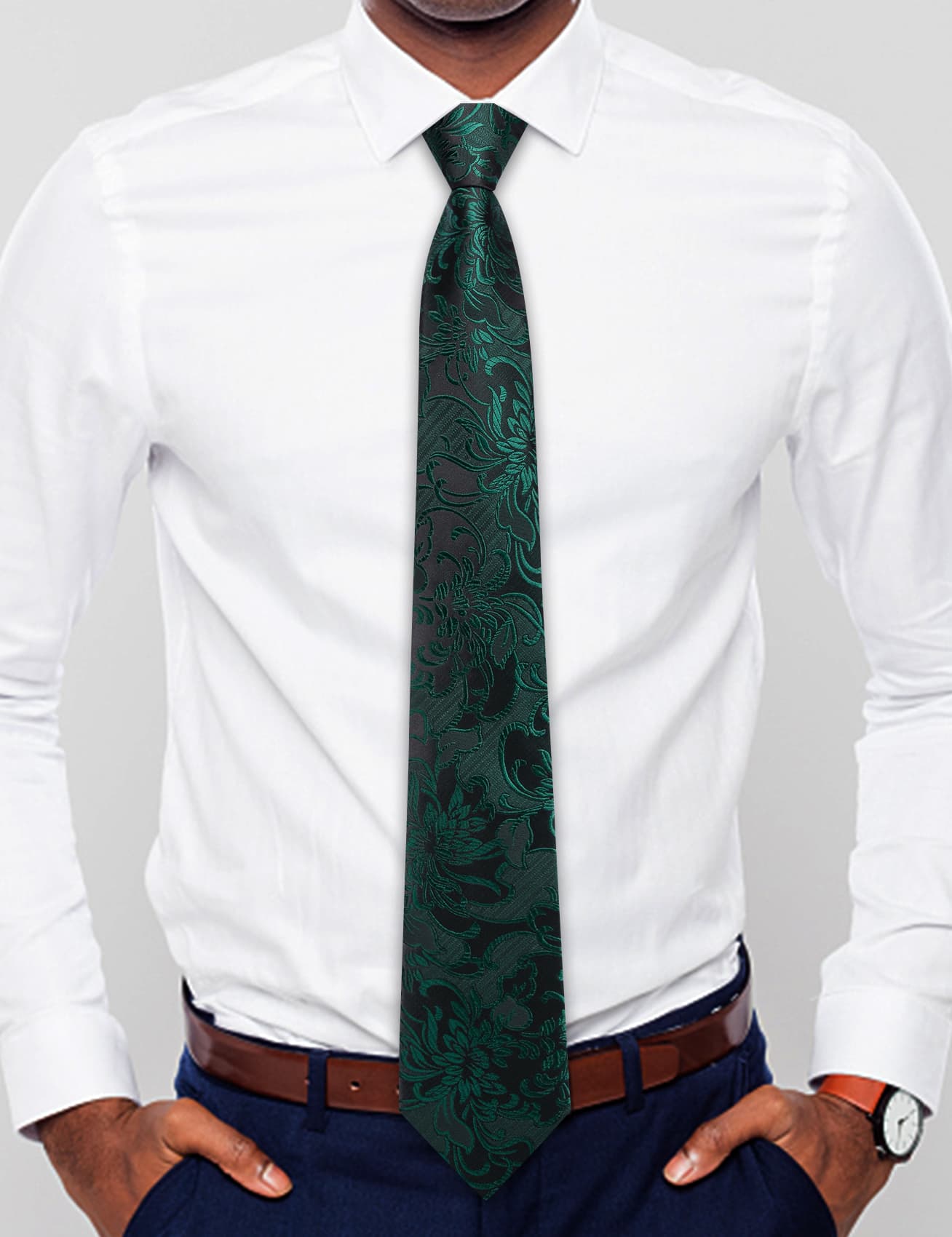  Dark Green Zipper Ties Black Floral Men's Easy to Wear Tie Set