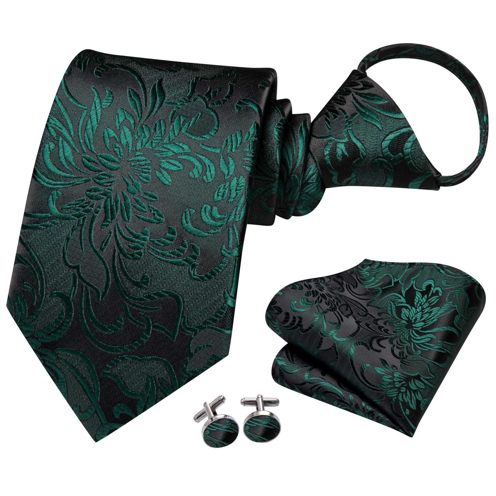  Dark Green Zipper Ties Black Floral Men's Easy to Wear Tie Set